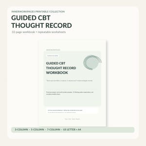 May include: A printable Guided CBT Thought Record workbook featuring a 32-page layout with 3-column, 5-column, and 7-column worksheets. The cover displays the title in dark green text on a light green background with abstract line art.