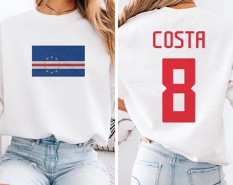 Cape Verde Flag Inspired Jersey Style Graphic Tee, Costa #8 2-Sided Star Player Fan's Tribute, Sporty Soccer World Tournament Unisex T-Shirt