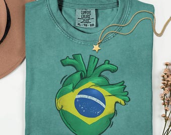 Comfort Colors Brazil Heart Flag Shirt, Brasil Back Print Tee, Brazilian Pride Graphic Tee, Vintage Style Unisex Top