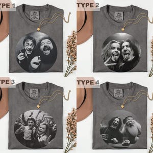 The image is a collage of four t-shirt designs featuring black and white photos of people, each with a different pose and expression.