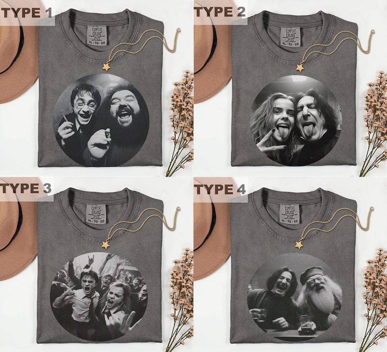 The image is a collage of four t-shirt designs featuring black and white photos of people, each with a different pose and expression.