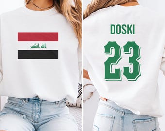 Iraq Flag Inspired Doski #23 Jersey Style Graphic Tee, 2-Sided Star Player Soccer World Supporters Tribute, Tournament Fans Unisex T-Shirt