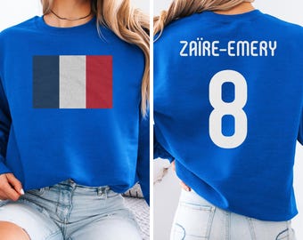 France Flag Zaire-Emery #8 Jersey Style Soccer Graphic Tee, 2-Sided Tournament Star Player, USA Supporters World Football Unisex Tshirt