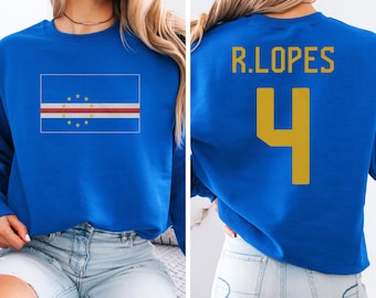 Cape Verde Flag Jersey Style Lopes #4 Graphic Tee, 2-Sided Star Player Tribute, Sporty Soccer World Tournament Unisex T-Shirt