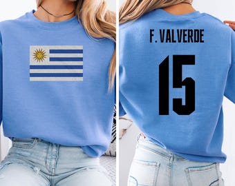 Uruguay Flag Inspired Valverde #15 Jersey Style Tee, 2-Sided Star Player Supporters Tournament, World USA Soccer Fans Unisex T-Shirt