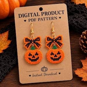 Mönster för pärlbroderi med Halloween-pumpaörhängen i PDF-format, handledning för smycken med rosett och Jack O'Lantern, gör-det-själv-spöklika droppörhängen, mönster för pärlbroderi i höst