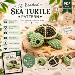 Può includere: Un modello di tartaruga marina con perline 3D presentato come download digitale in PDF. L'immagine mostra una tartaruga finita realizzata con perline verde chiaro e verde scuro con accenti bianchi, insieme a testo che descrive 16 passaggi e un tutorial fotografico.