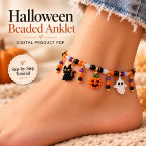 Halloween Beaded Anklet Pattern PDF, Black Cat Pumpkin Ghost Charm Foot Jewelry Tutorial, Spooky Ankle Bracelet DIY, Beadwork Pattern