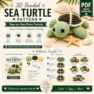 以下が含まれることがあります： 3Dビーズのウミガメを作るためのデジタルPDFパターンで、ステップバイステップの写真チュートリアルが含まれています。4mmの丸いガラスビーズ、0.30mmの釣り糸、8mmの安全目などの材料リストと、組み立て手順が記載されています。
