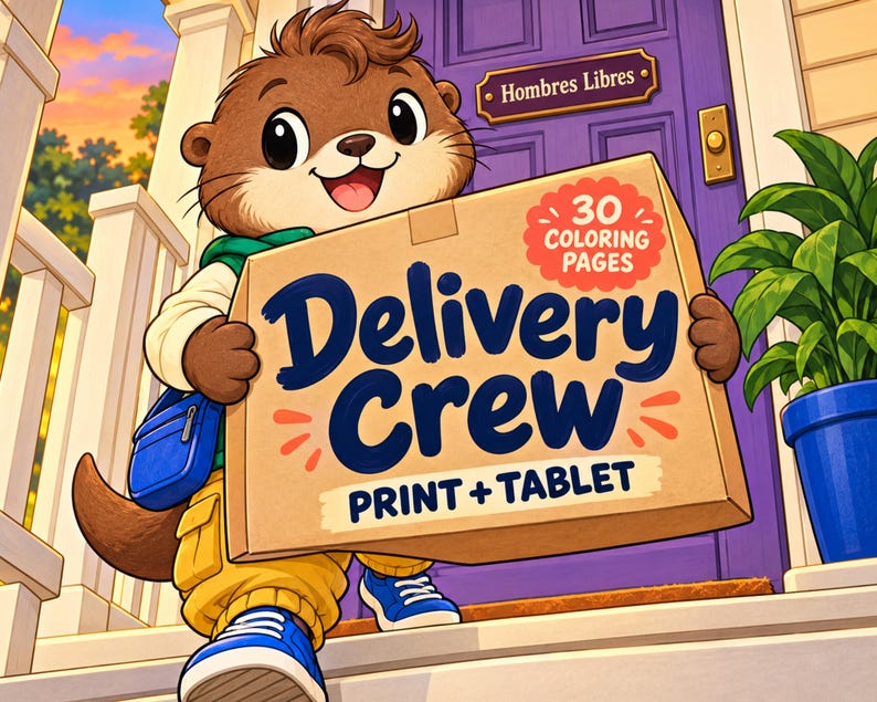Adult Coloring Pages With Cute Otter Delivery Couriers, Cozy Animal ...