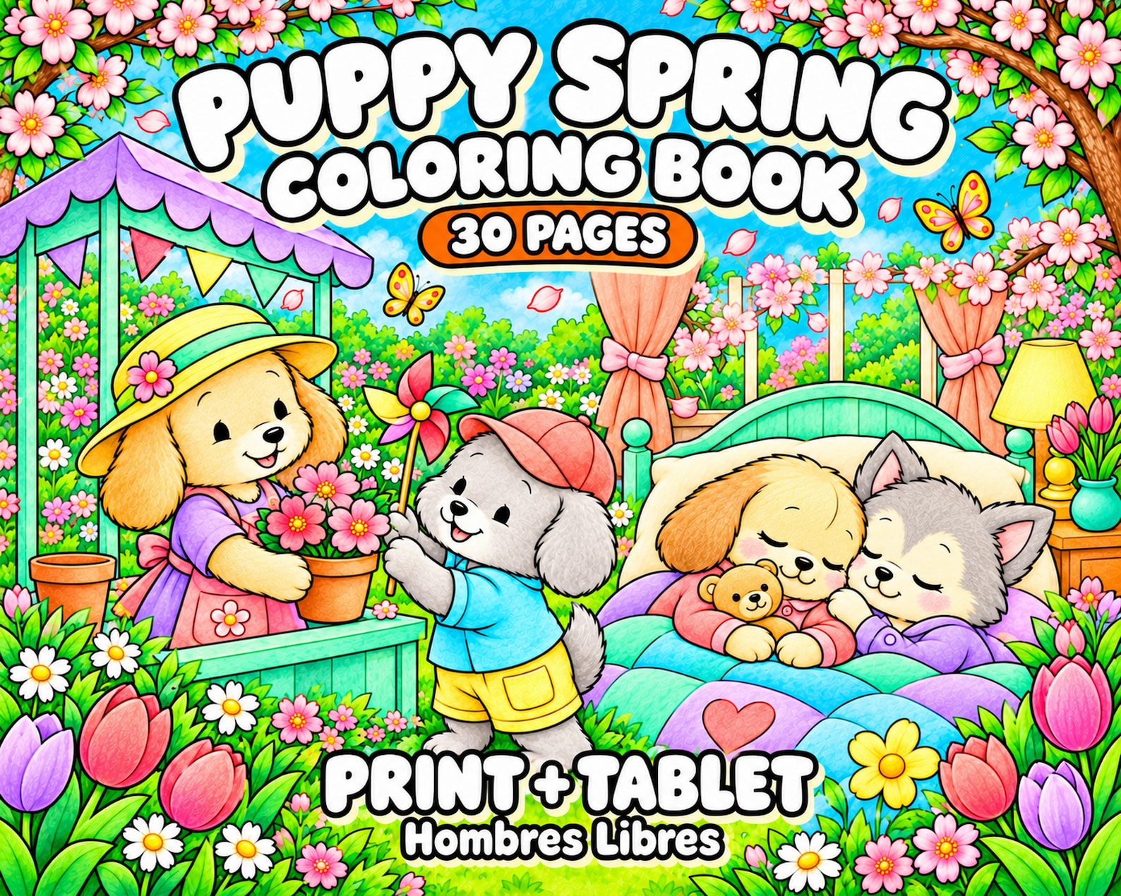 Puppy Spring Coloring Pages for Kids, Teens & Adults - Cute Cozy Garden ...