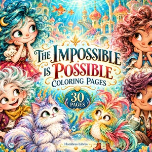 Pode incluir: Uma capa de livro de colorir intitulada The Impossible Is Possible Coloring Pages com 30 páginas. A ilustração apresenta quatro personagens estilizados com olhos grandes, um gato fofo e um pássaro colorido diante de um castelo subaquático.