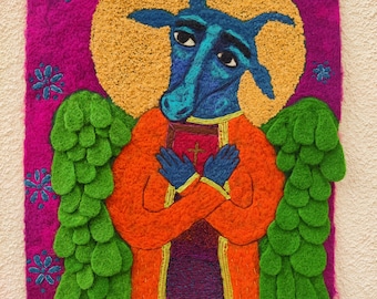 Winged Ox Wall Hanging, St Luke Symbol Wool Painting, Folk Art Tapestry, Fiber Decor