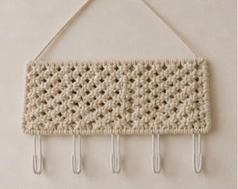 Boho Macrame Wall Key Holder | Vintage Style Hanging Organizer with Hooks | Neutral Woven Wall Decor | Entryway Key Rack
