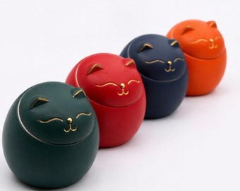 Juego de 4 adorables cajas redondas para joyas con forma de gato, soporte para anillos y joyas con forma de cara de gato sonriente.