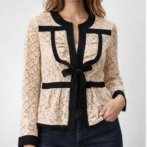 Tabitha Anthropologie Lace Jacket Size 10 Cream Black Trim Tie Front Feminine Boho Chic