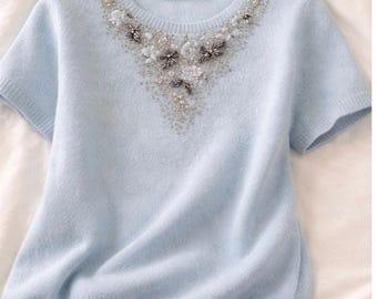 Isabelle Wen Cashmere Embellished Short Sleeve Sweater Blue Beaded Floral Size S