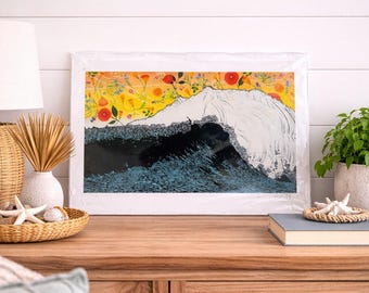 Signed Modern Art Print Abstract Landscape Floral Cliff Scene Colorful Contemporary Wall Art