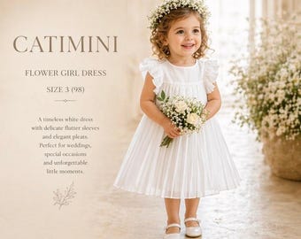 Catimini White Flower Girl Dress: Pleated Flutter Sleeve Toddler Wedding Gown (Size 3)