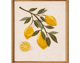 Cuadro decorativo de pared con bordado de limones, enmarcado, con motivos botánicos, estilo cottagecore.