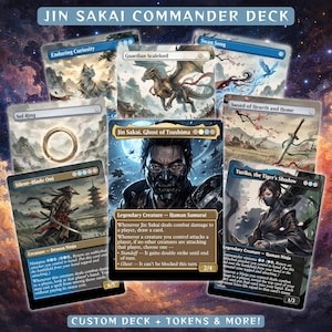 May include: A selection of Magic: The Gathering cards themed around Jin Sakai, Ghost of Tsushima. The cards display characters and elements from the game, with detailed artwork and text. The text at the top says "JIN SAKAI COMMANDER DECK".