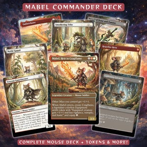 Puede incluir: Una colección de cartas coleccionables de fantasía con soldados ratones y otras criaturas. Las cartas muestran ilustraciones vibrantes de ratones con armaduras, empuñando espadas y luchando en un entorno forestal. El texto "MABEL COMMANDER DECK" está en la parte superior.