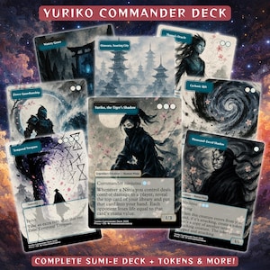 May include: A set of illustrated trading cards with a ninja theme, featuring sumi-e style artwork. The cards display characters and landscapes, with text including "Yuriko Commander Deck" and "Complete Sumi-E Deck + Tokens & More!"
