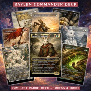 Puede incluir: Un conjunto de cartas coleccionables de fantasía con personajes de conejos. Las cartas muestran varias ilustraciones, incluyendo un guerrero conejo, un conejo con una bandera y otras obras de arte con temática de conejos. El texto "BAYLEN COMMANDER DECK" está en la parte superior.