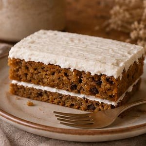 May include: A rectangular slice of carrot cake with two layers of golden-brown spiced cake containing visible shredded carrots and raisins, separated and topped with a thick layer of white cream cheese frosting, served on a round ceramic plate.