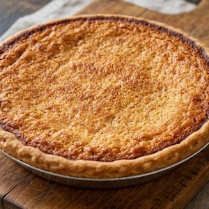 May include: A freshly baked pie in a silver tin, with a golden-brown, textured top and a flaky crust. The pie sits on a wooden cutting board, suggesting a homemade dessert or bakery item.