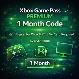 May include: Green promotional graphic for Xbox Game Pass Premium, featuring a controller, a QR code, and a monitor. Text includes "Xbox Game Pass PREMIUM 1 Month Code" and "Instant Digital for Xbox & PC | No Card Required."