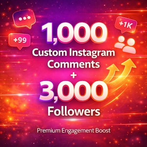Può includere: Grafica digitale con sfondo sfumato rosso, viola e arancione. Il testo recita "1.000 commenti Instagram personalizzati + 3.000 follower". Include fumetti, frecce e "Premium Engagement Boost".