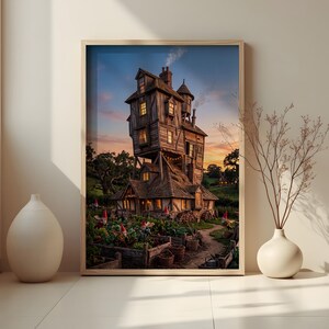 May include: A framed print of a whimsical, multi-story wooden house with a tilted design. The house has multiple lit windows, a chimney, and is surrounded by a garden with gnomes. The sky is a gradient of blue and orange.