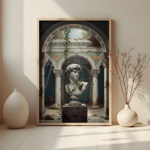 May include: A framed print featuring a classical bust statue within an architectural setting. The artwork showcases a white marble bust on a dark stone pedestal, surrounded by columns and arches. The color palette includes shades of white, teal, and beige.