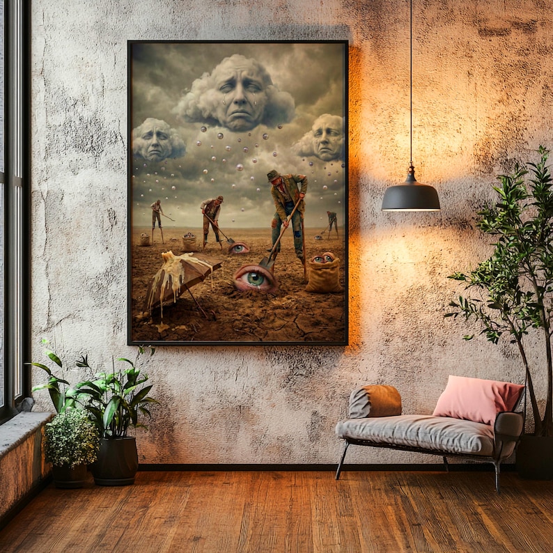 Surrealist Landscape Print: Crying Face Clouds, Harvest Eyes Wall Art ...