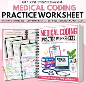 Puede incluir: Un cuaderno digital de ejercicios de codificación médica con encuadernación en espiral. La portada muestra un portátil, un estetoscopio, libros etiquetados como ICD-10-CM, CPT y HCPCS, y una planta. El texto incluye Medical Coding Practice Worksheets.