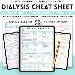 Peut inclure: Un ensemble de téléchargement numérique de 11 fiches aide-mémoire pour la dialyse avec des notes infirmières, des valeurs de laboratoire, des listes de médicaments et des conversions de mesures. Les feuilles sont présentées en diverses couleurs.