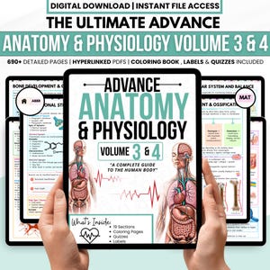 May include: A digital download of an Anatomy & Physiology Volume 3 & 4 guide featuring 690+ pages, hyperlinked PDFs, coloring pages, labels, and quizzes. The cover displays the title, human body illustrations, and a heart-shaped EKG line graphic.