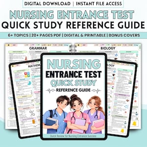 May include: A digital nursing entrance test quick study reference guide PDF featuring educational content on grammar, biology, and mathematics. The cover displays three illustrated individuals in scrubs holding notebooks with the title Nursing Entrance Test Quick Study Reference Guide.
