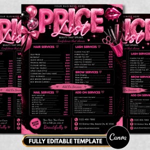 May include: A black and pink beauty price list template featuring the text PRICE LIST, BEAUTY THAT SPEAKS, CONFIDENCE THAT SHINES, and sections for hair, lash, brow, nail, and add-on services with prices in dollars, plus contact information.