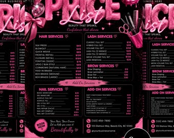 Beauty Price List Template, Salon Service Menu for Lash Nail Hair Stylist, Braiders, Wig, Makeup, Beauty Pricing Menu, Canva Editable