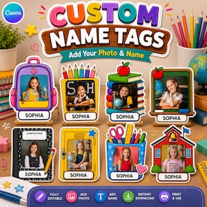 Puede incluir: Una colección de ocho etiquetas de nombre personalizadas con diseños escolares como mochilas, casilleros y libros. Cada etiqueta muestra la foto de un niño y el nombre Sophia. El encabezado dice CUSTOM NAME TAGS Add Your Photo & Name.