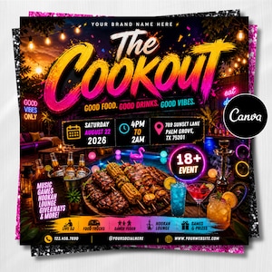 Pode incluir: Um folheto vibrante para o evento "The Cookout", com texto e gráficos coloridos. O design inclui imagens de comida, bebidas e uma piscina, com detalhes do evento como data, hora e local. O folheto também menciona "Good Vibes Only".