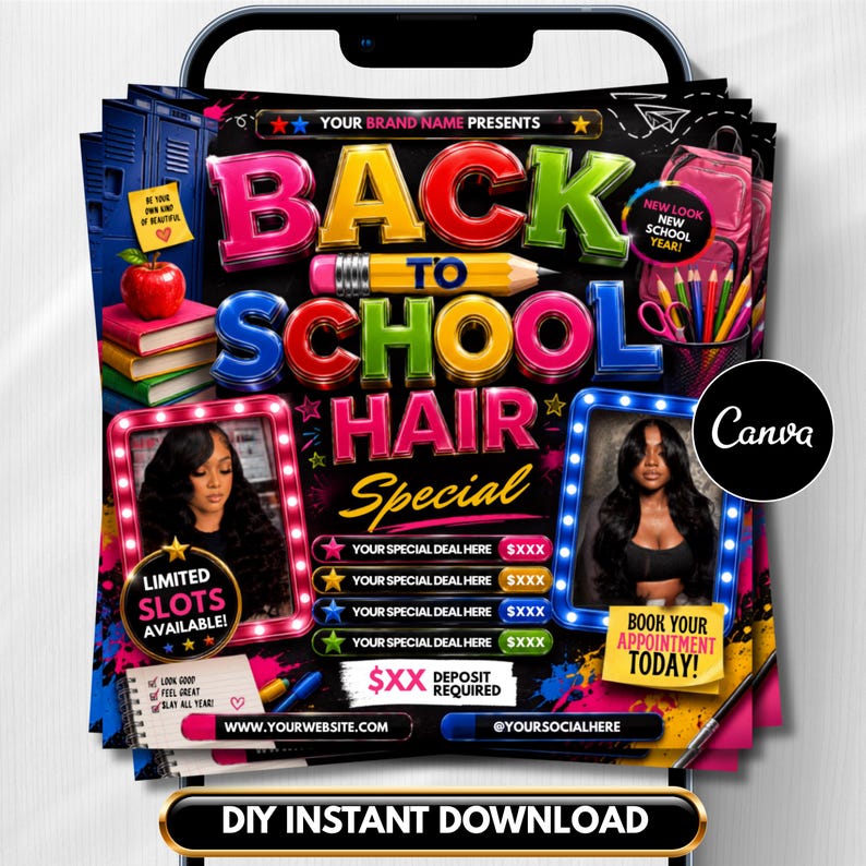 Back To School Flyer, Back to school sale flyer, Back to school Hair flyer, DIY canva template, Back 2 School Flyer, Braid Special Flyer