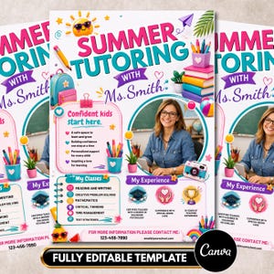 Op de afbeelding: Een flyer-sjabloon voor zomerbijles met Ms. Smith, met een glimlachende docent, kleurrijke schoolspullen en tekstsecties voor cursusaanbod en ervaring. Het ontwerp bevat iconen van boeken, een camera en een trofee op een witte achtergrond.