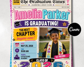 Editable Kindergarten Graduation Announcement, Graduation Newspaper Template, Class of 2026 Canva Template, Canva Editable