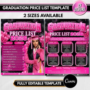 May include: A pink graduation price list template with a photo of a woman in a graduation cap and gown. The template includes itemized pricing for graduation-themed products, such as custom graphic tees and photo pillows.