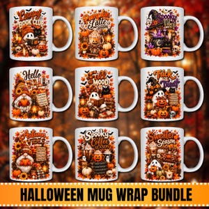 Può includere: Una collezione di nove tazze in ceramica bianca con illustrazioni colorate a tema autunnale e Halloween, tra cui fantasmi, gnomi, zucche, gatti neri e testi come Creepy Book Club, Pumpkin Latte Season, Spooky Vibes, Hello Fall, Fall Mood, Trick or Treat, Autumn Vibes, Spooky Coffee Season e Sweater Season.