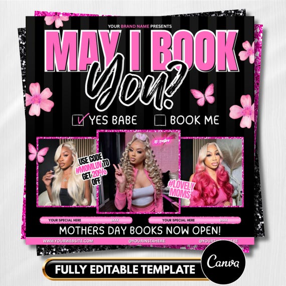 May Bookings Flyer Hair, Mother's Day Lash, Wig, Nails, Makeup, Canva Template (Digital Download)