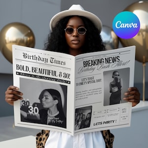 May include: A woman wearing a white hat and sunglasses holds a newspaper titled "Birthday Times." The newspaper's headline reads "BOLD, BEAUTIFUL & 30!" and "BREAKING NEWS Birthday Bash Alert!" The image includes the Canva logo and gold balloons.